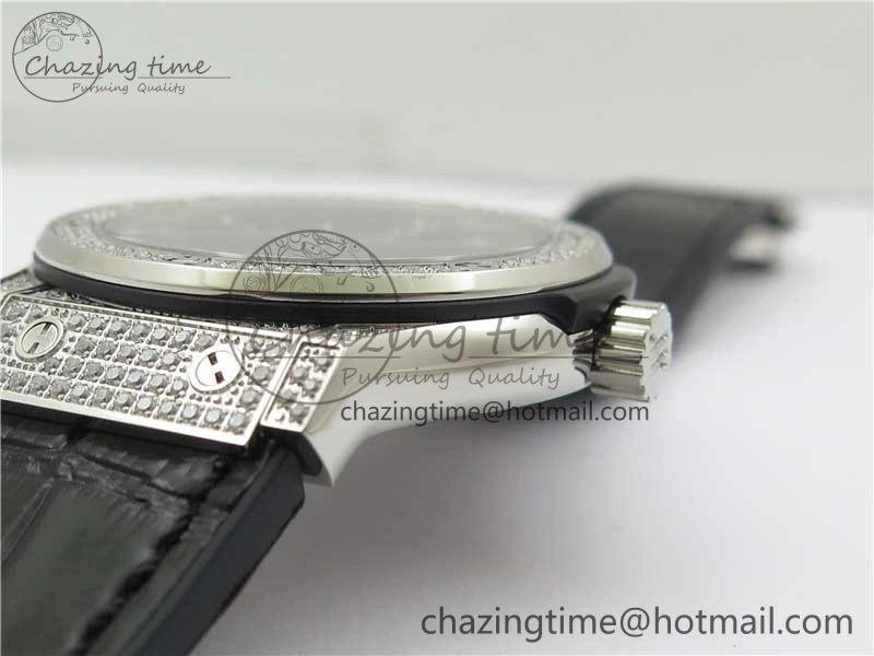 Classic Fusion 42mm SS Paved Diamonds Case Bezel B50F Black Dial On Gummy Strap A2892