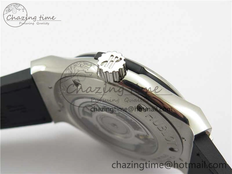 Classic Fusion 42mm SS Paved Diamonds Case Bezel B50F Black Dial On Gummy Strap A2892