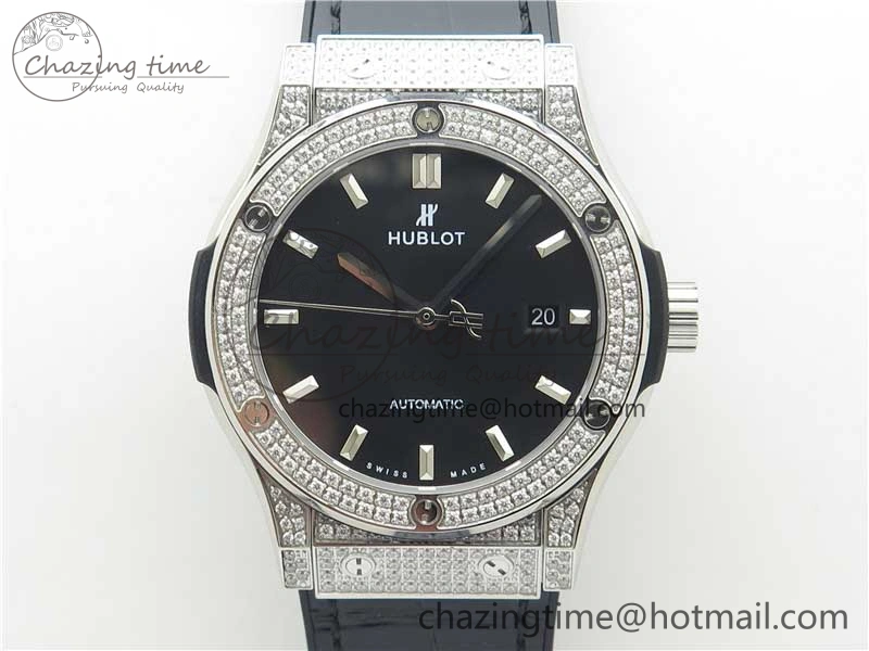 Classic Fusion 42mm SS Paved Diamonds Case Bezel B50F Black Dial On Gummy Strap A2892