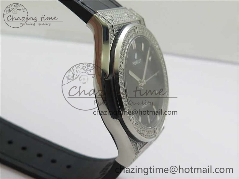 Classic Fusion 42mm SS Paved Diamonds Case Bezel B50F Black Dial On Gummy Strap A2892