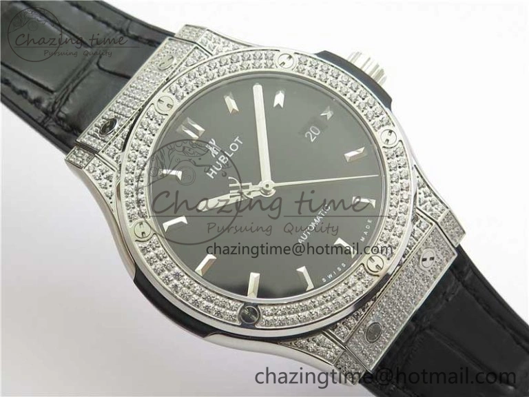 Classic Fusion 42mm SS Paved Diamonds Case Bezel B50F Black Dial On Gummy Strap A2892
