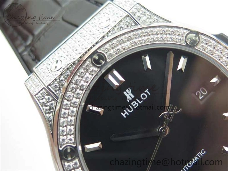 Classic Fusion 42mm SS Paved Diamonds Case Bezel B50F Black Dial On Gummy Strap A2892