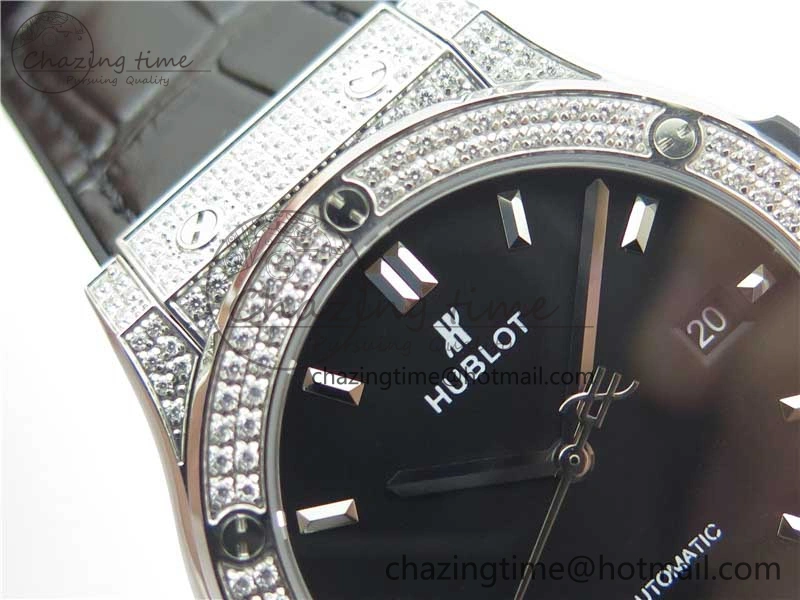 Classic Fusion 42mm SS Paved Diamonds Case Bezel B50F Black Dial On Gummy Strap A2892