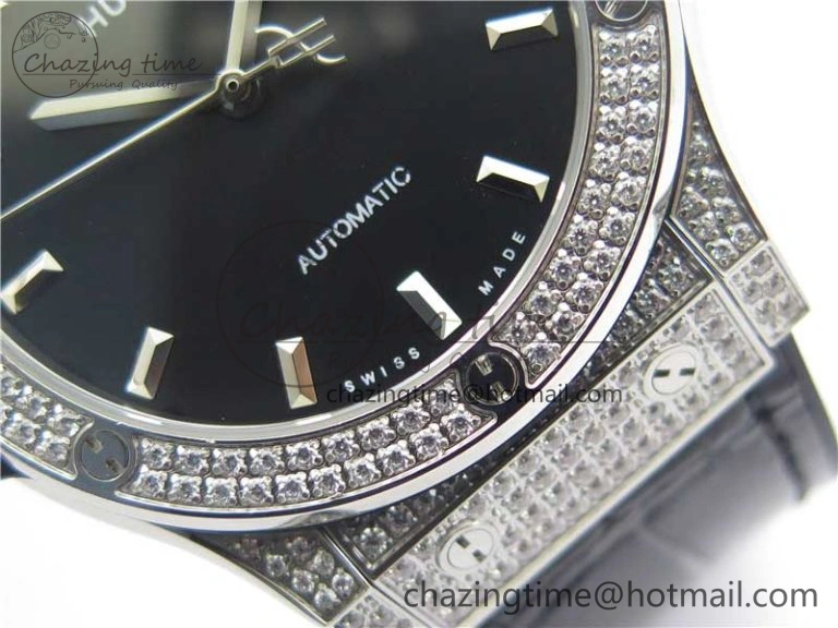 Classic Fusion 42mm SS Paved Diamonds Case Bezel B50F Black Dial On Gummy Strap A2892