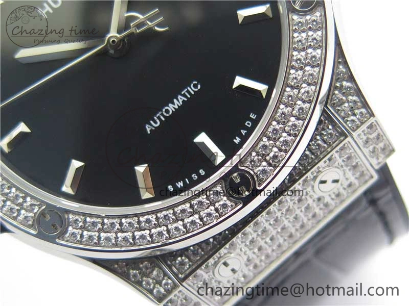 Classic Fusion 42mm SS Paved Diamonds Case Bezel B50F Black Dial On Gummy Strap A2892