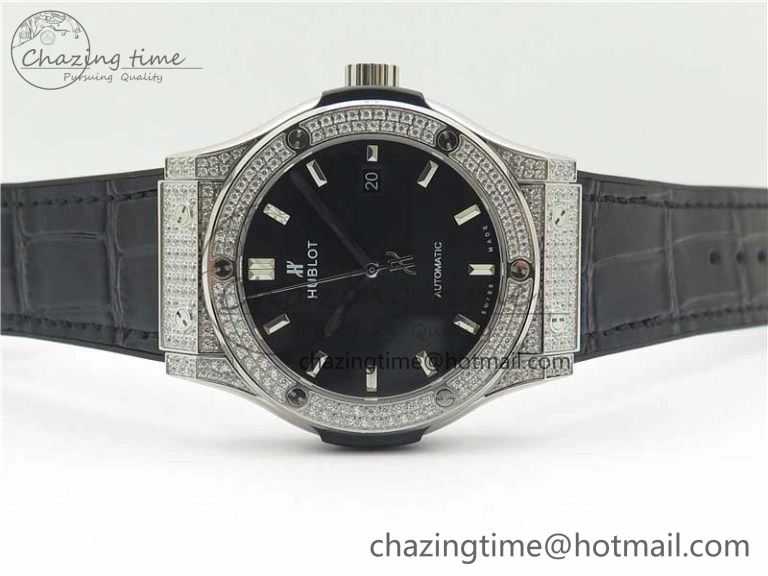 Classic Fusion 42mm SS Paved Diamonds Case Bezel B50F Black Dial On Gummy Strap A2892