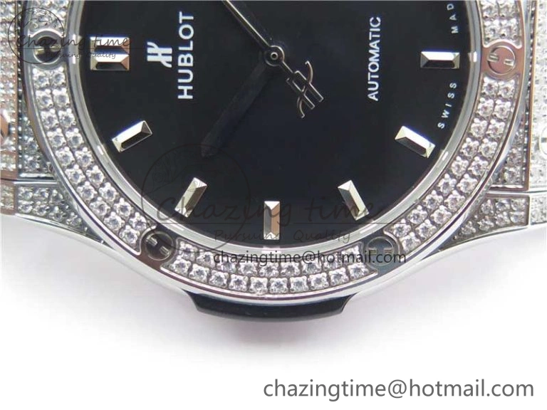 Classic Fusion 42mm SS Paved Diamonds Case Bezel B50F Black Dial On Gummy Strap A2892