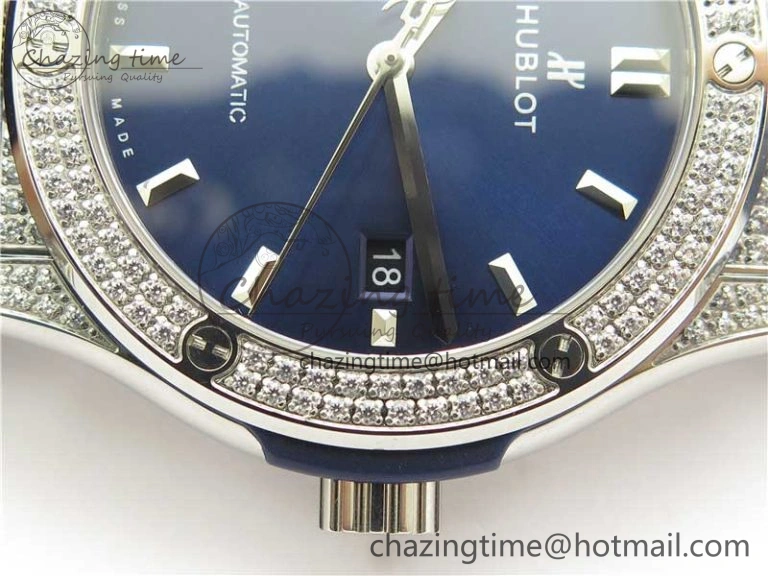 Classic Fusion 42mm SS Paved Diamonds Case Bezel B50F Blue Dial On Gummy Strap A2892