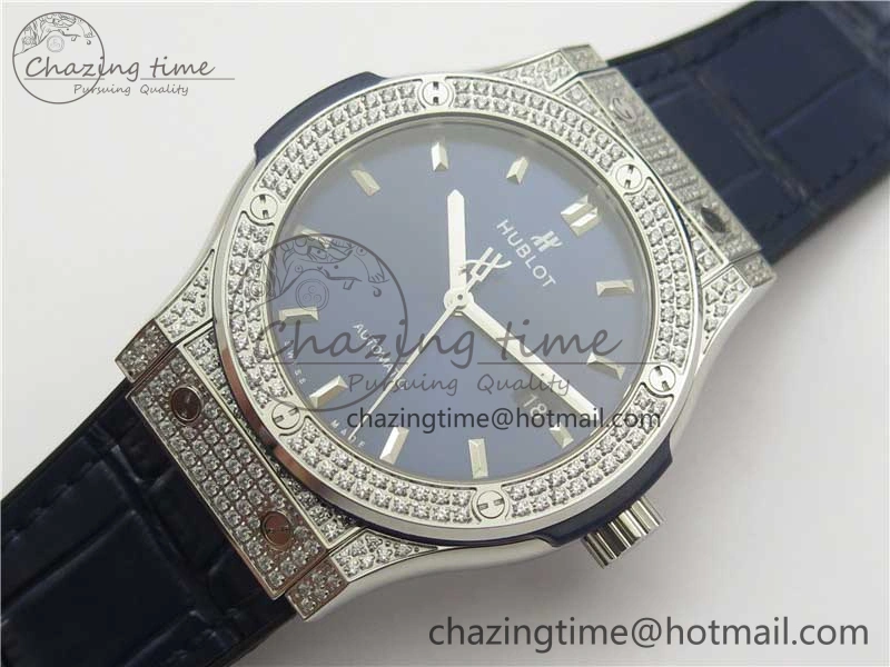 Classic Fusion 42mm SS Paved Diamonds Case Bezel B50F Blue Dial On Gummy Strap A2892