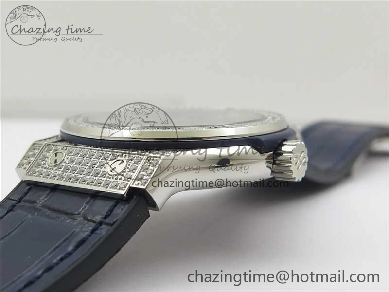 Classic Fusion 42mm SS Paved Diamonds Case Bezel B50F Blue Dial On Gummy Strap A2892