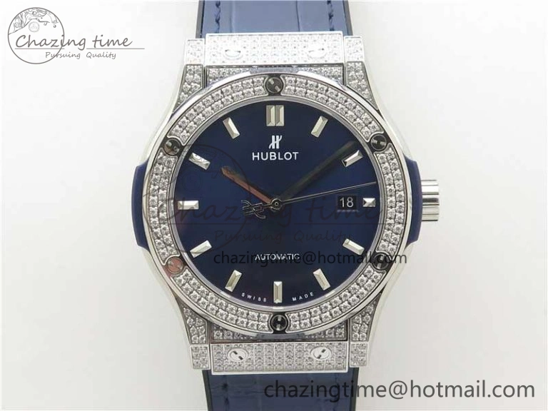 Classic Fusion 42mm SS Paved Diamonds Case Bezel B50F Blue Dial On Gummy Strap A2892