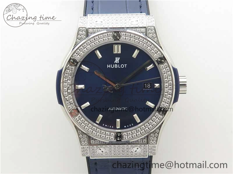 Classic Fusion 42mm SS Paved Diamonds Case Bezel B50F Blue Dial On Gummy Strap A2892