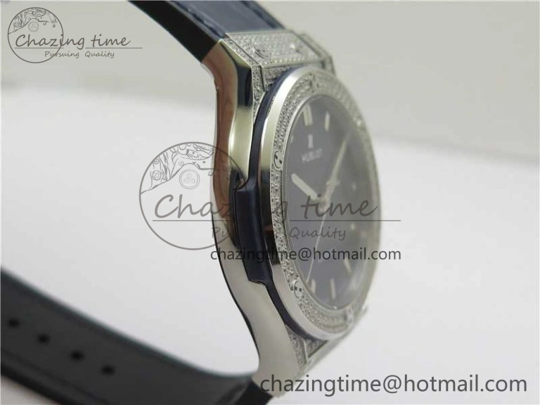 Classic Fusion 42mm SS Paved Diamonds Case Bezel B50F Blue Dial On Gummy Strap A2892