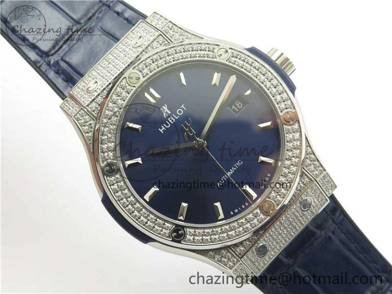 Classic Fusion 42mm SS Paved Diamonds Case Bezel B50F Blue Dial On Gummy Strap A2892