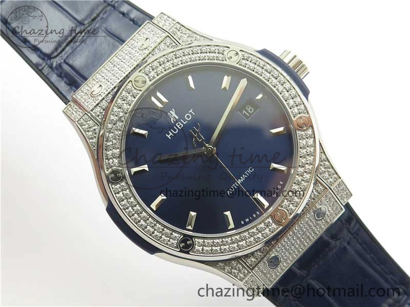 Classic Fusion 42mm SS Paved Diamonds Case Bezel B50F Blue Dial On Gummy Strap A2892