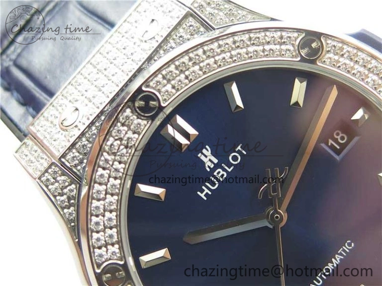 Classic Fusion 42mm SS Paved Diamonds Case Bezel B50F Blue Dial On Gummy Strap A2892