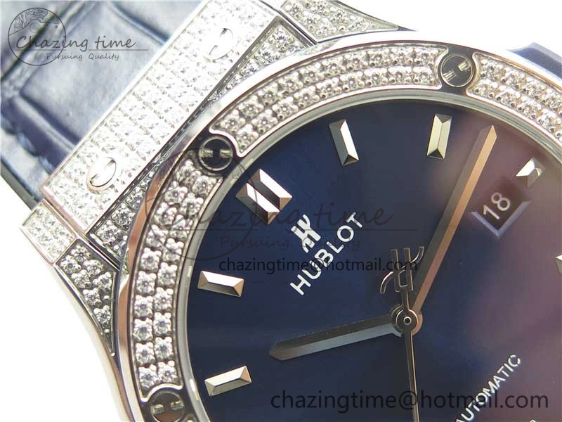 Classic Fusion 42mm SS Paved Diamonds Case Bezel B50F Blue Dial On Gummy Strap A2892