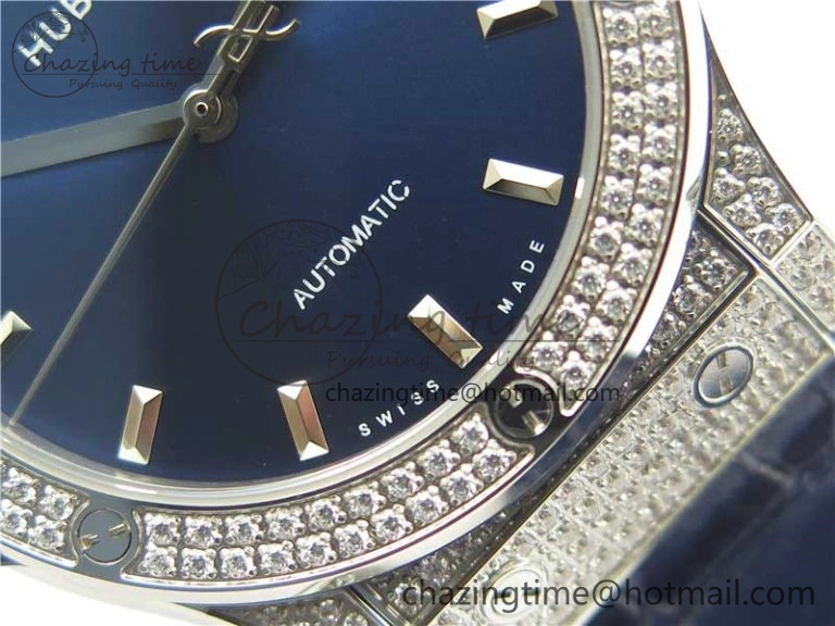 Classic Fusion 42mm SS Paved Diamonds Case Bezel B50F Blue Dial On Gummy Strap A2892