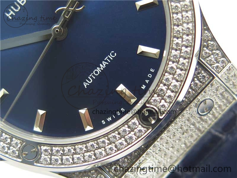 Classic Fusion 42mm SS Paved Diamonds Case Bezel B50F Blue Dial On Gummy Strap A2892