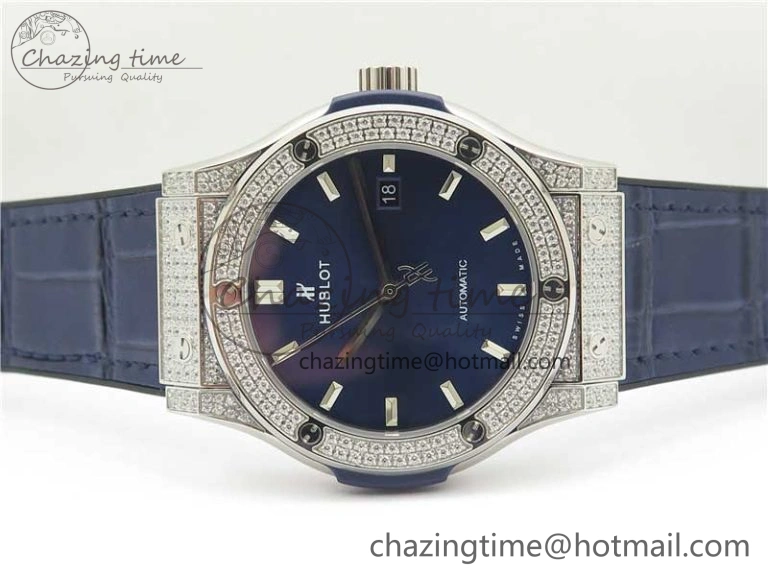 Classic Fusion 42mm SS Paved Diamonds Case Bezel B50F Blue Dial On Gummy Strap A2892