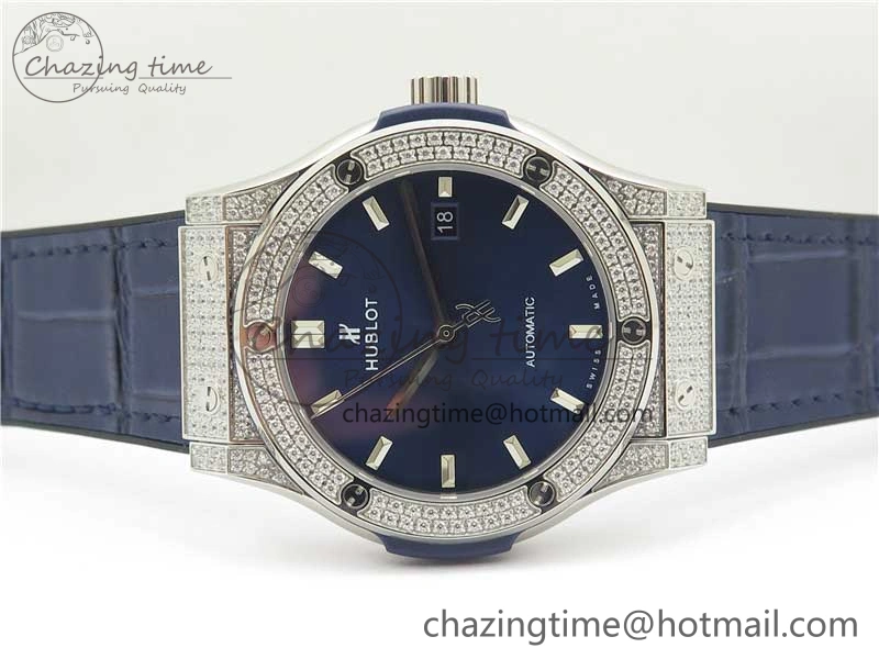 Classic Fusion 42mm SS Paved Diamonds Case Bezel B50F Blue Dial On Gummy Strap A2892