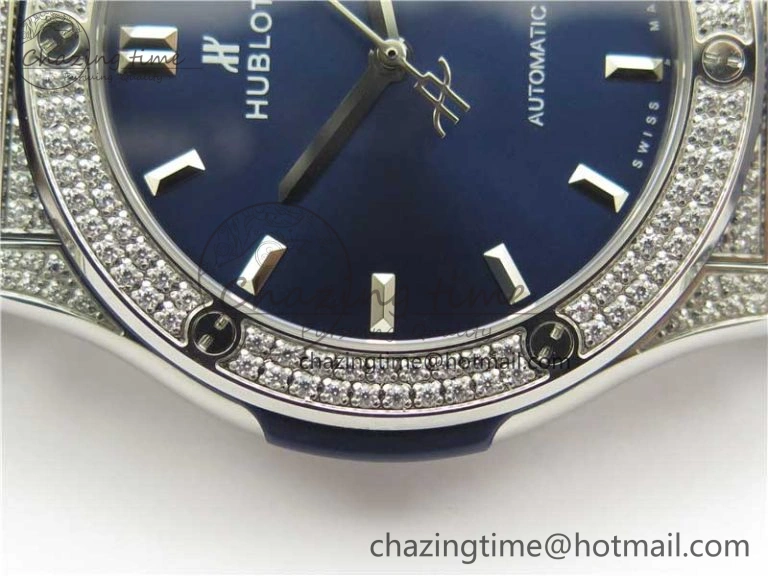Classic Fusion 42mm SS Paved Diamonds Case Bezel B50F Blue Dial On Gummy Strap A2892