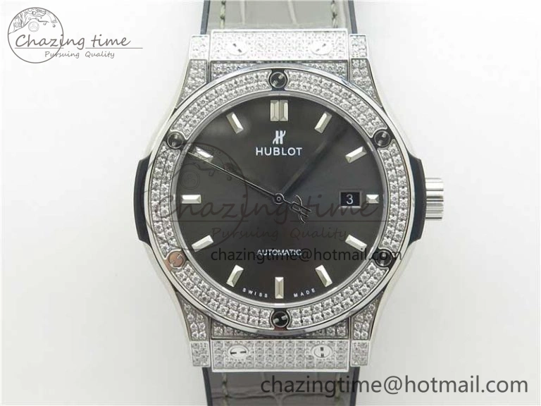 Classic Fusion 42mm SS Paved Diamonds Case Bezel B50F Gray Dial On Gummy Strap A2892