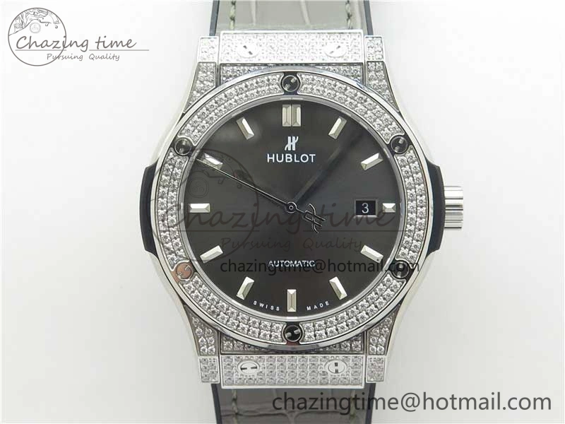 Classic Fusion 42mm SS Paved Diamonds Case Bezel B50F Gray Dial On Gummy Strap A2892