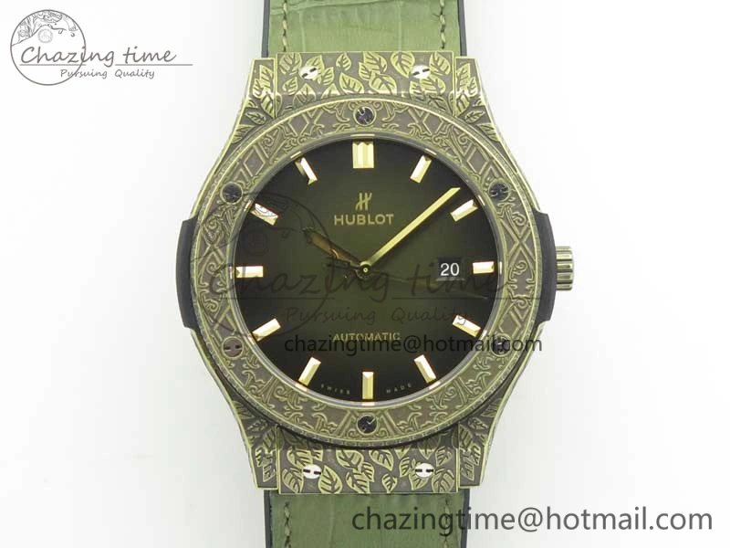 Classic Fusion 45mm YG Engravings Case SRF Best Edition Green Dial On Green Gummy Strap A2892 (Free Box)