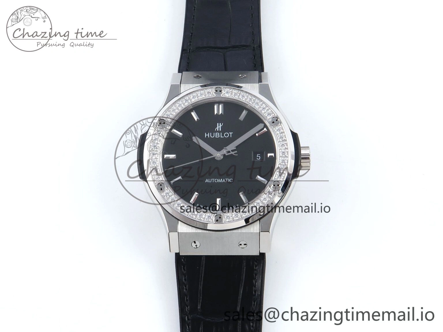 Classic Fusion Bang 42mm HBF 1:1 Best Edition Black Dial Diamonds Bezel on Black Leather Strap A2892