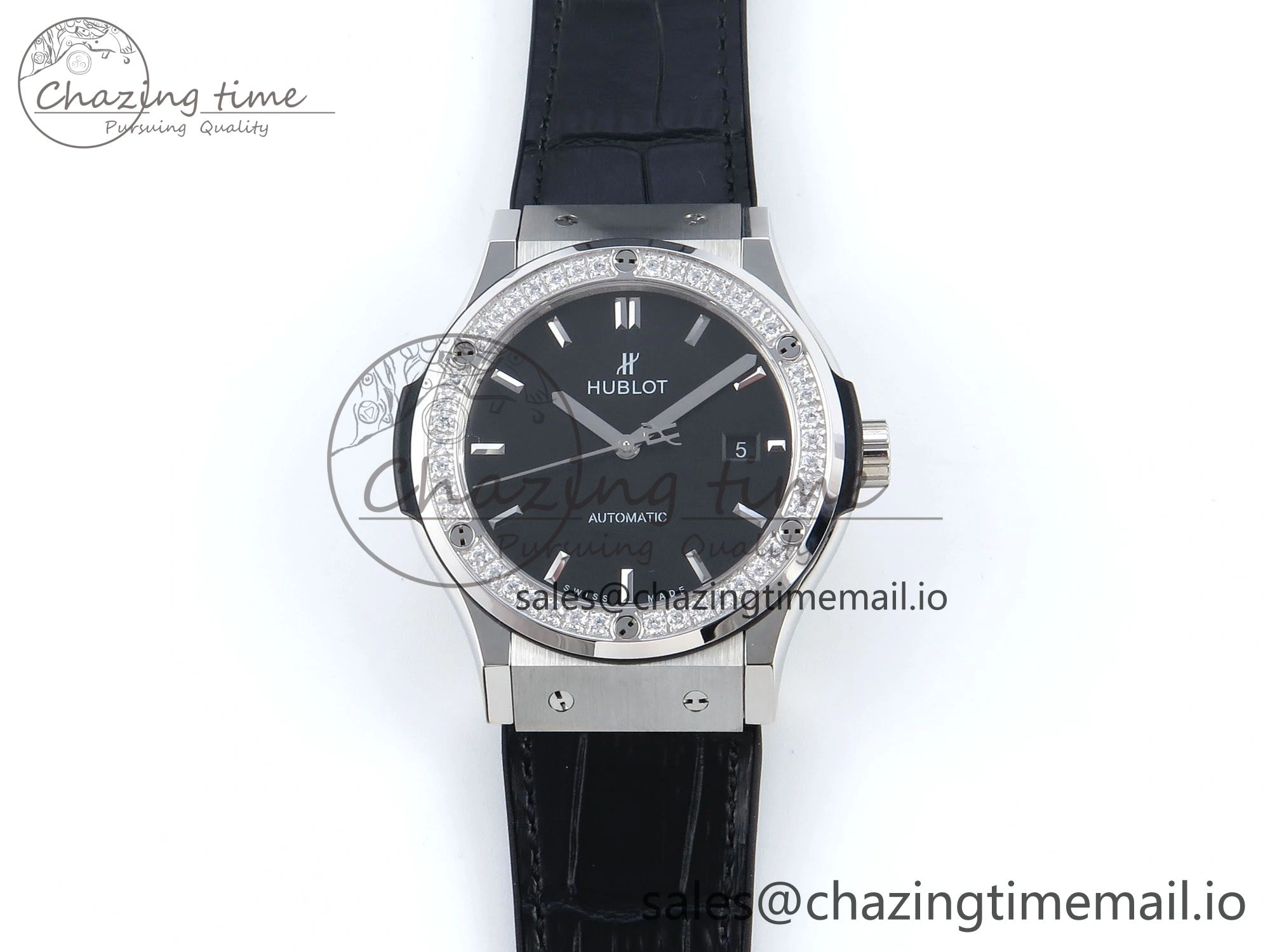 Classic Fusion Bang 42mm HBF 1:1 Best Edition Black Dial Diamonds Bezel on Black Leather Strap A2892