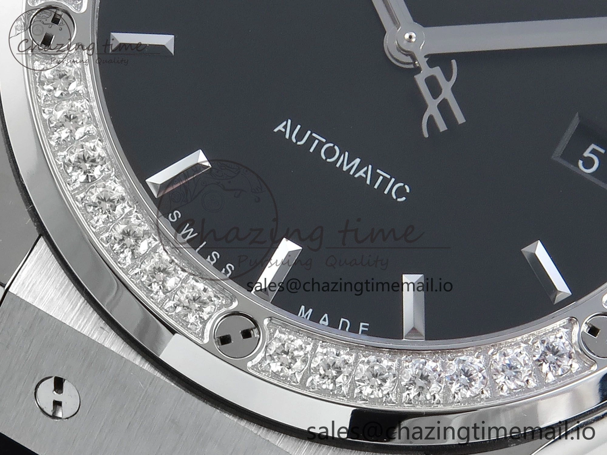 Classic Fusion Bang 42mm HBF 1:1 Best Edition Black Dial Diamonds Bezel on Black Leather Strap A2892