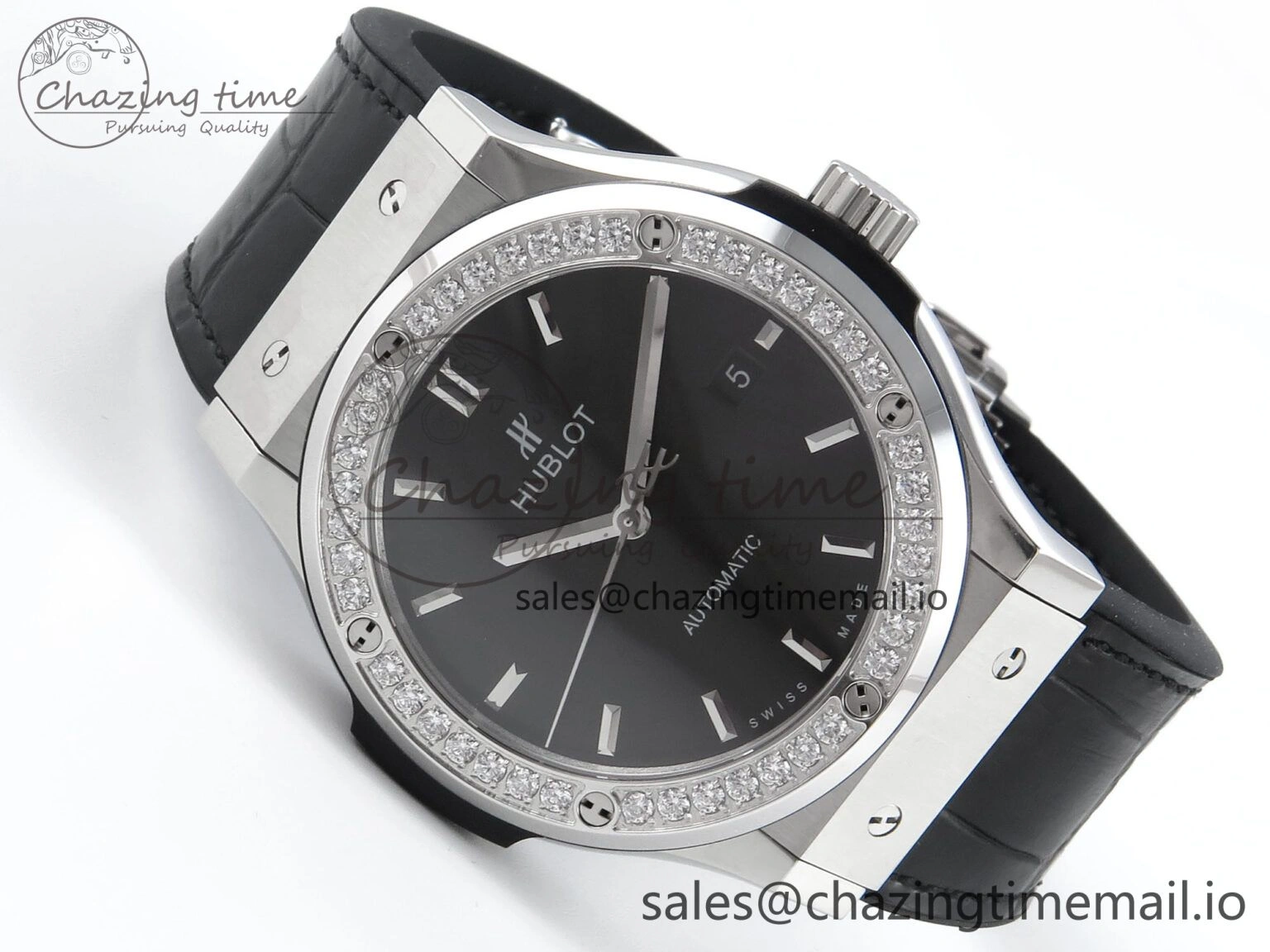 Classic Fusion Bang 42mm HBF 1:1 Best Edition Black Dial Diamonds Bezel on Black Leather Strap A2892