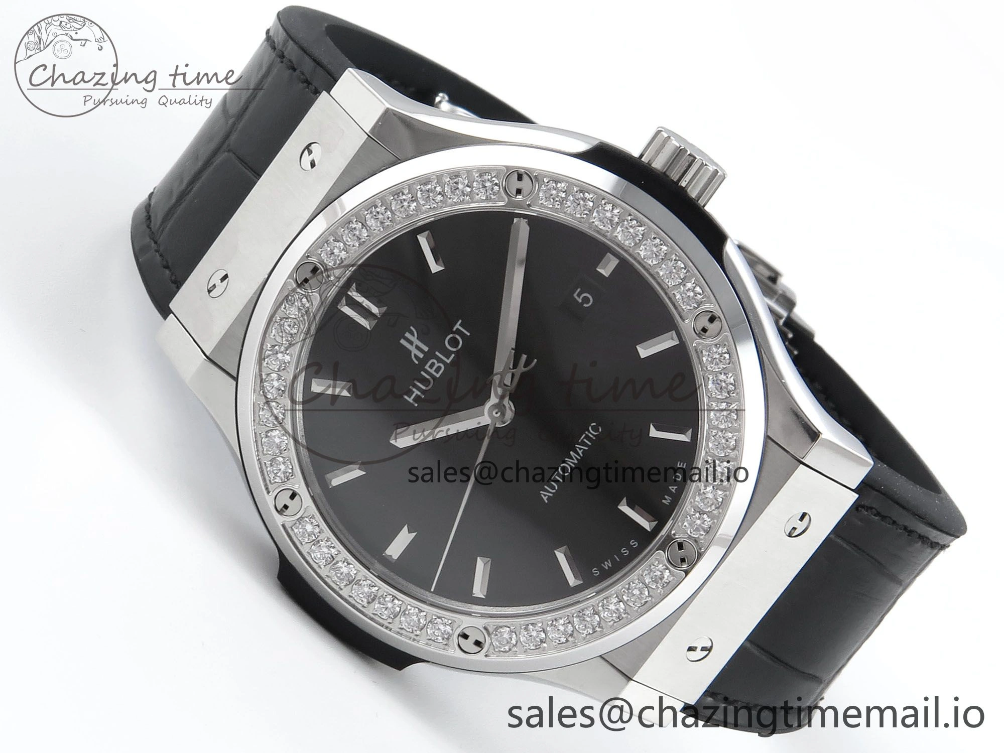 Classic Fusion Bang 42mm HBF 1:1 Best Edition Black Dial Diamonds Bezel on Black Leather Strap A2892