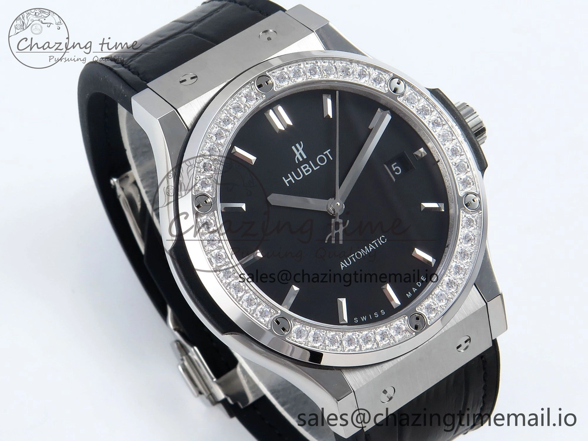 Classic Fusion Bang 42mm HBF 1:1 Best Edition Black Dial Diamonds Bezel on Black Leather Strap A2892