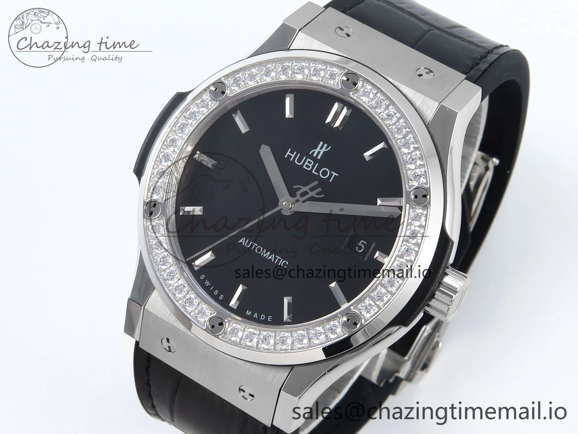 Classic Fusion Bang 42mm HBF 1:1 Best Edition Black Dial Diamonds Bezel on Black Leather Strap A2892