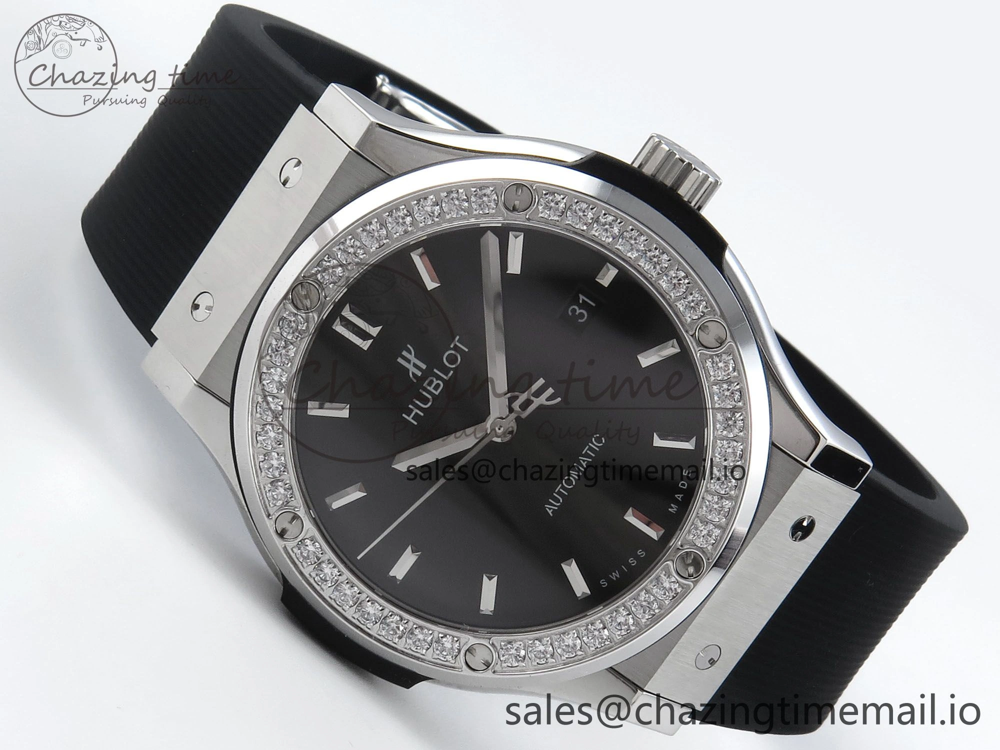 Classic Fusion Bang 42mm HBF 1:1 Best Edition Black Dial Diamonds Bezel on Black Rubber Strap A2892