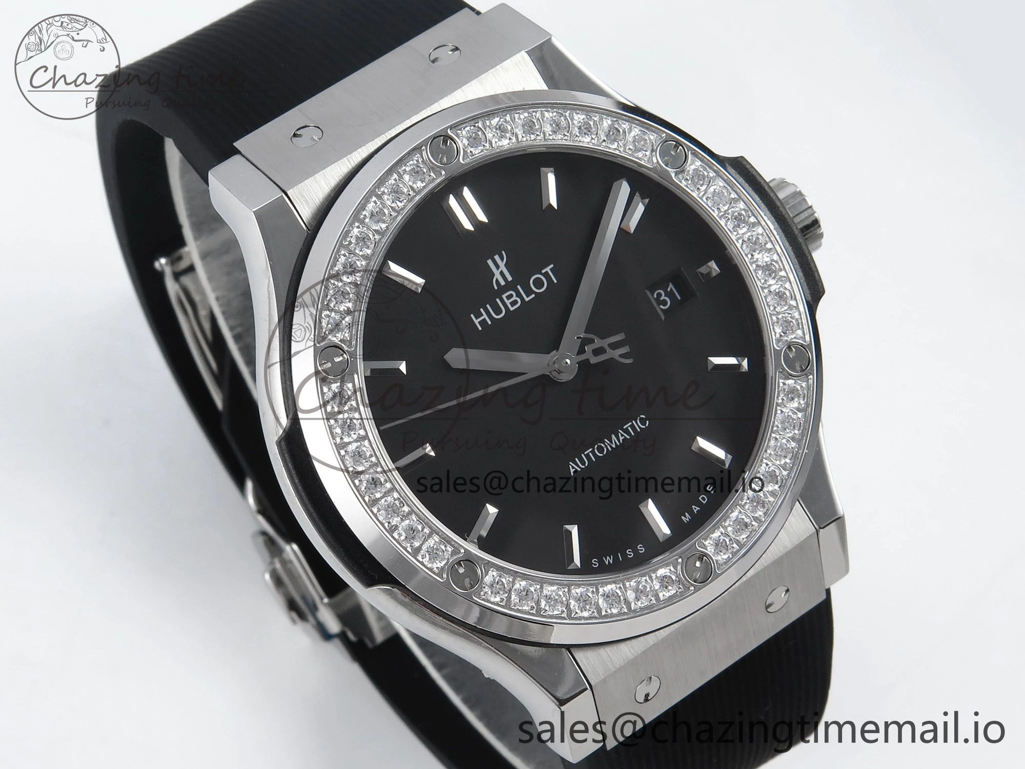 Classic Fusion Bang 42mm HBF 1:1 Best Edition Black Dial Diamonds Bezel on Black Rubber Strap A2892