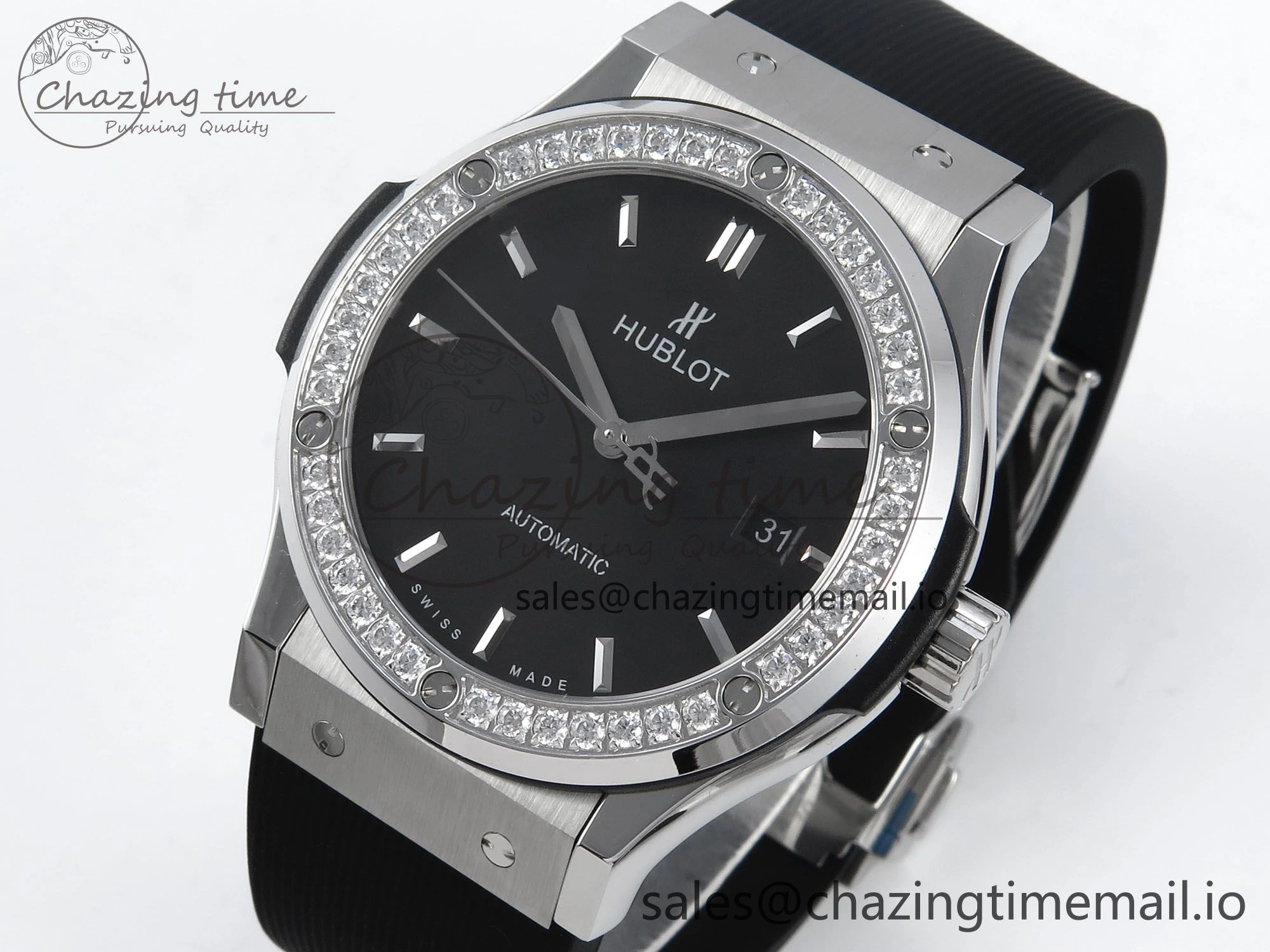 Classic Fusion Bang 42mm HBF 1:1 Best Edition Black Dial Diamonds Bezel on Black Rubber Strap A2892