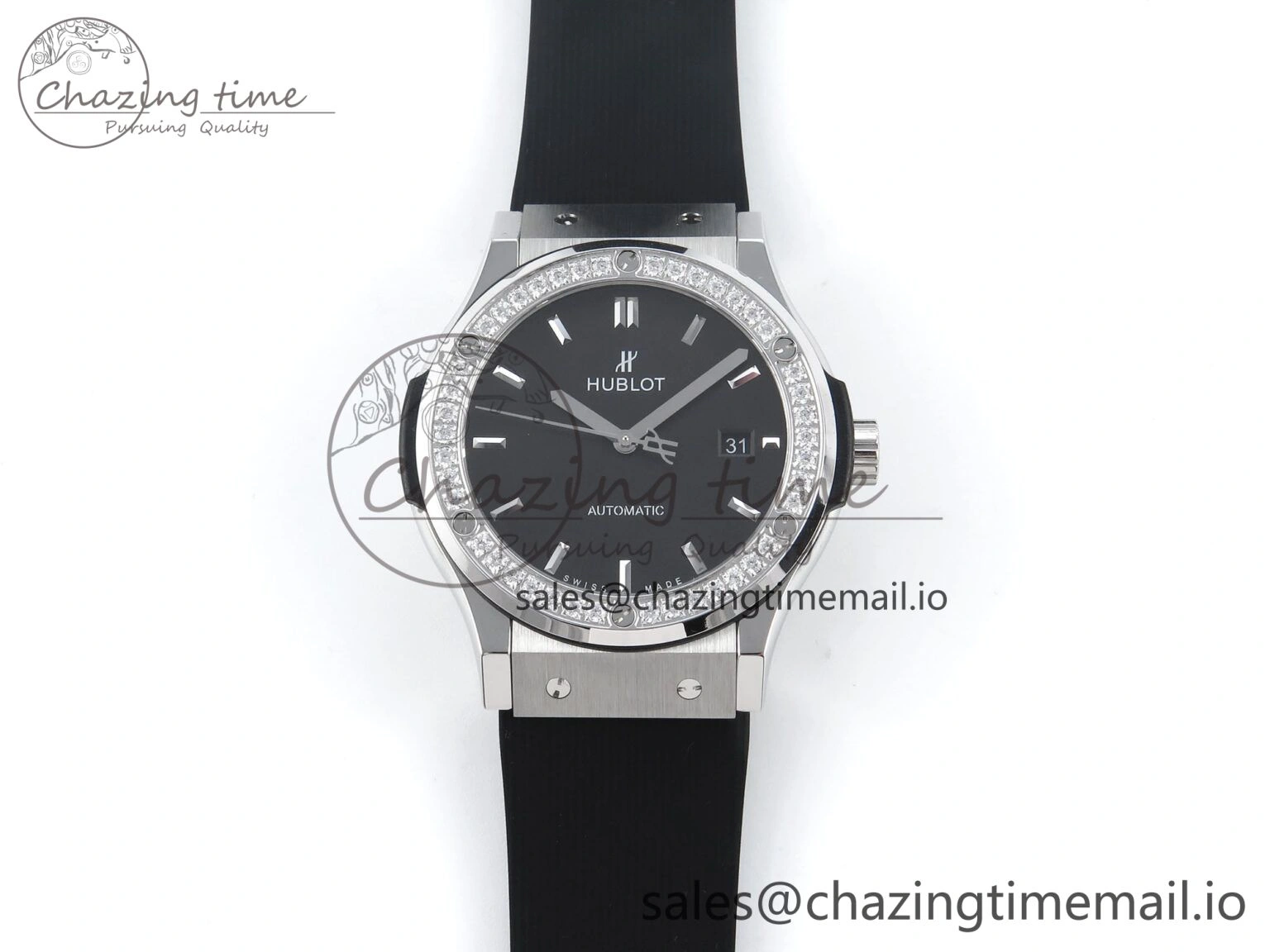 Classic Fusion Bang 42mm HBF 1:1 Best Edition Black Dial Diamonds Bezel on Black Rubber Strap A2892
