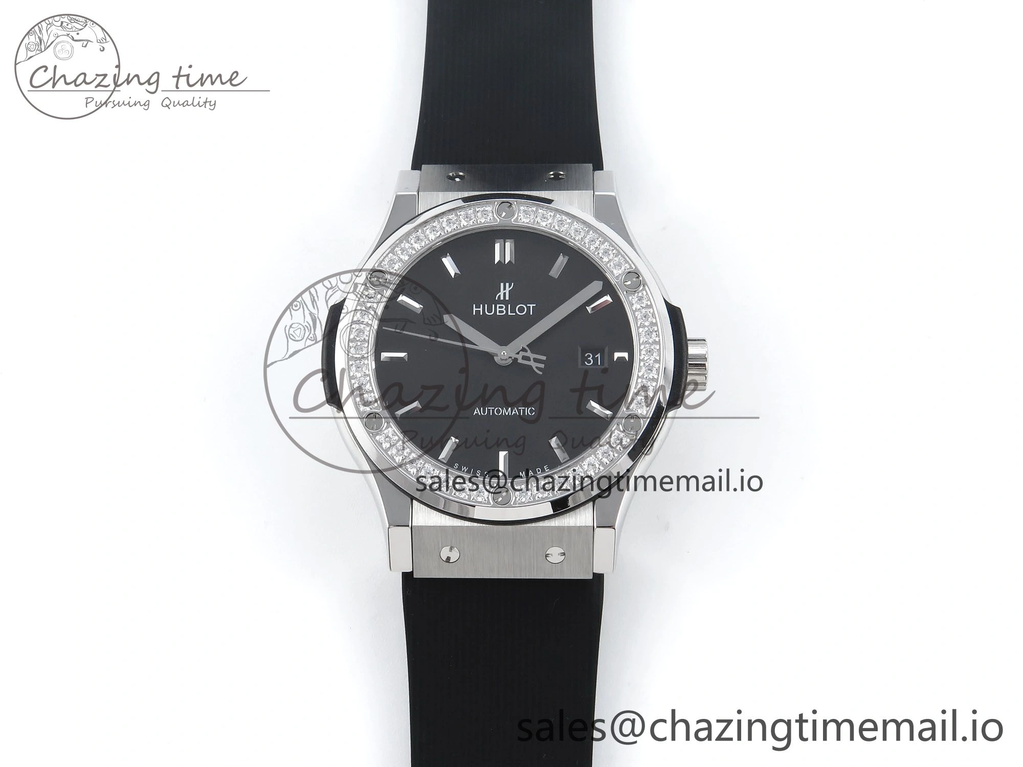 Classic Fusion Bang 42mm HBF 1:1 Best Edition Black Dial Diamonds Bezel on Black Rubber Strap A2892