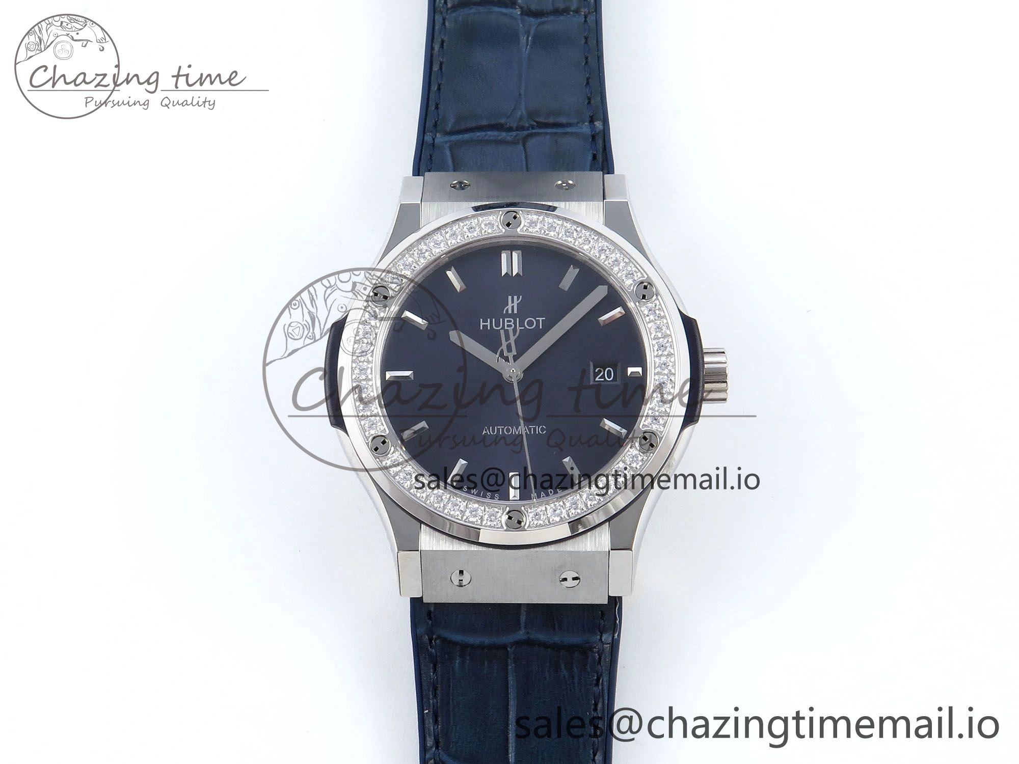 Classic Fusion Bang 42mm HBF 1:1 Best Edition Blue Dial Diamonds Bezel on Blue Leather Strap A2892