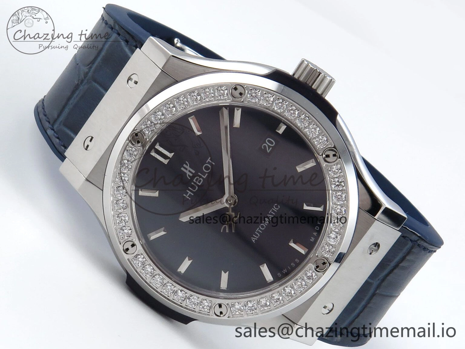 Classic Fusion Bang 42mm HBF 1:1 Best Edition Blue Dial Diamonds Bezel on Blue Leather Strap A2892