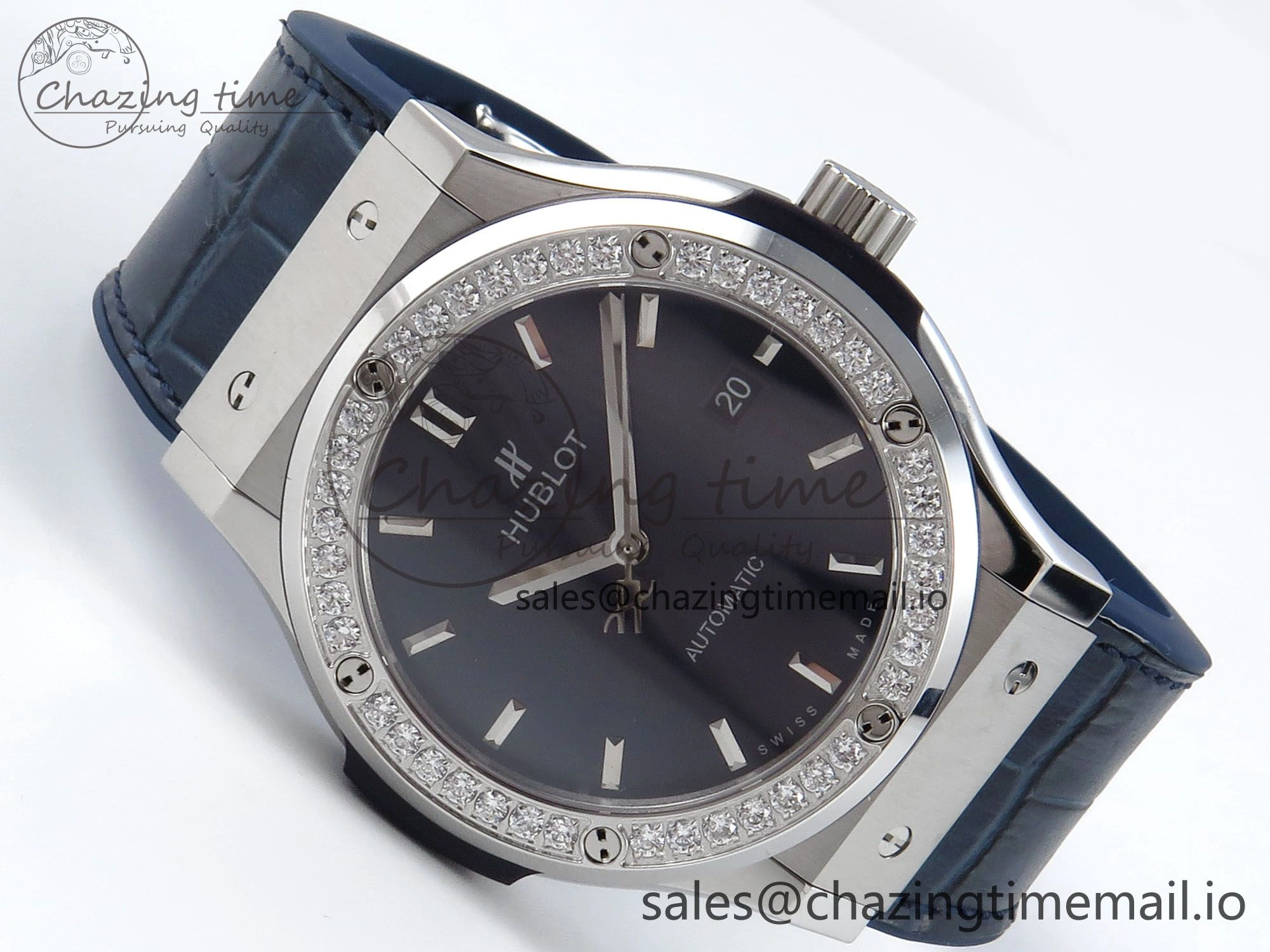 Classic Fusion Bang 42mm HBF 1:1 Best Edition Blue Dial Diamonds Bezel on Blue Leather Strap A2892