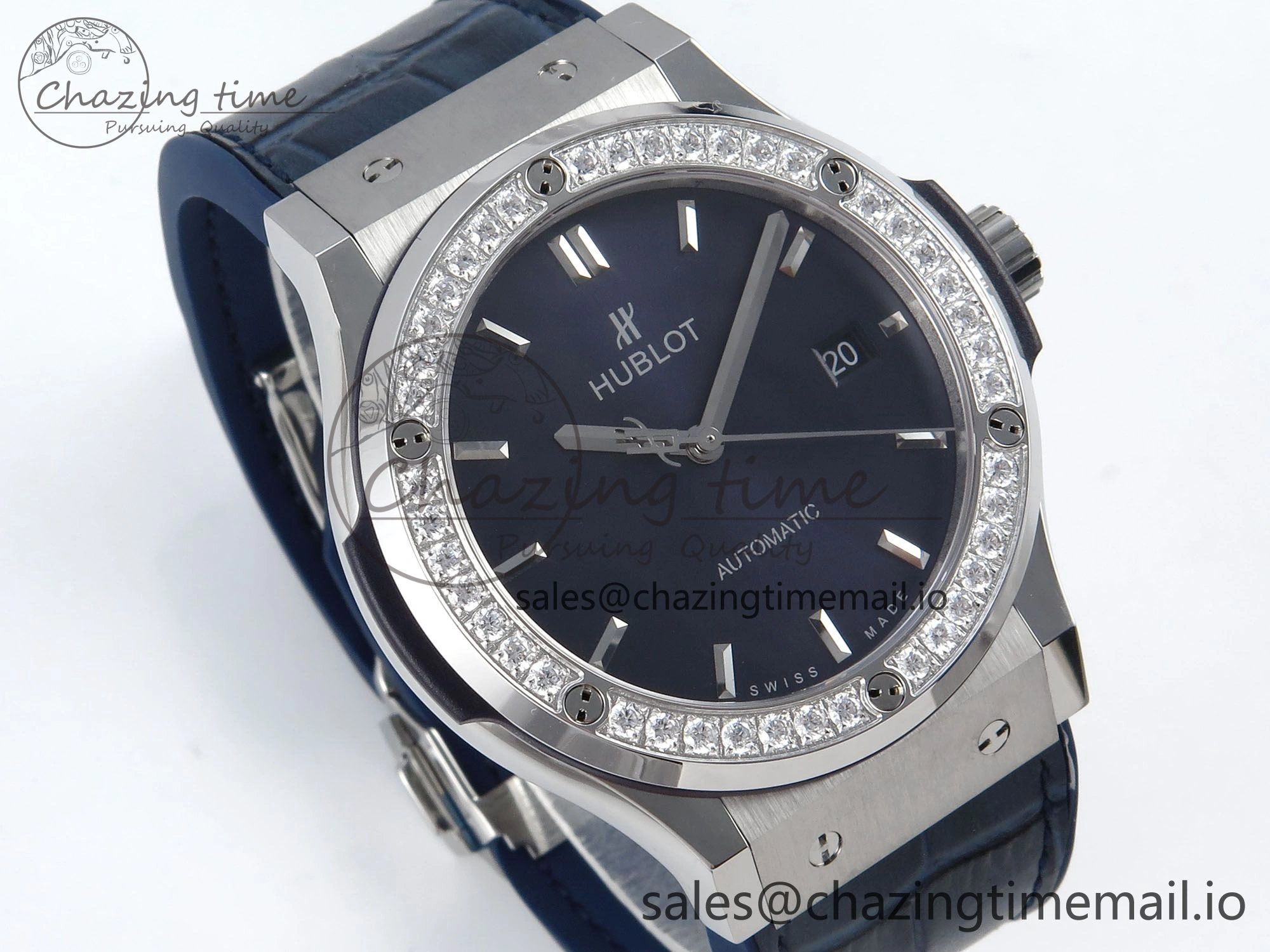 Classic Fusion Bang 42mm HBF 1:1 Best Edition Blue Dial Diamonds Bezel on Blue Leather Strap A2892