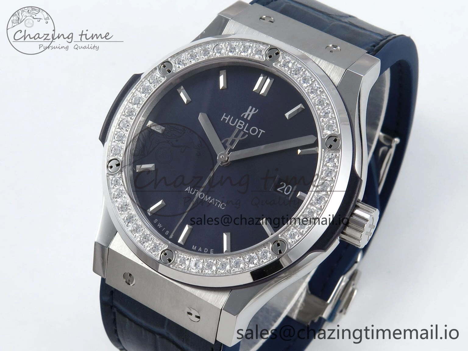 Classic Fusion Bang 42mm HBF 1:1 Best Edition Blue Dial Diamonds Bezel on Blue Leather Strap A2892