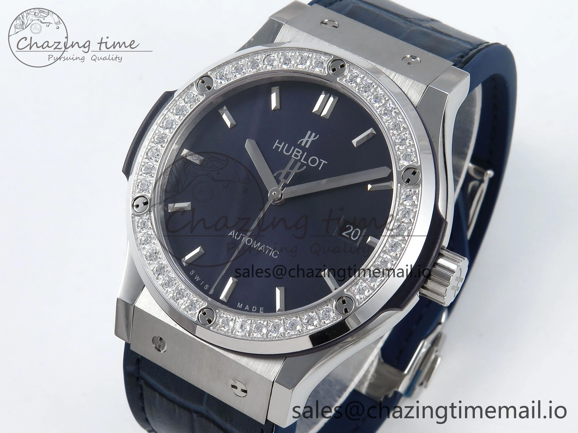 Classic Fusion Bang 42mm HBF 1:1 Best Edition Blue Dial Diamonds Bezel on Blue Leather Strap A2892