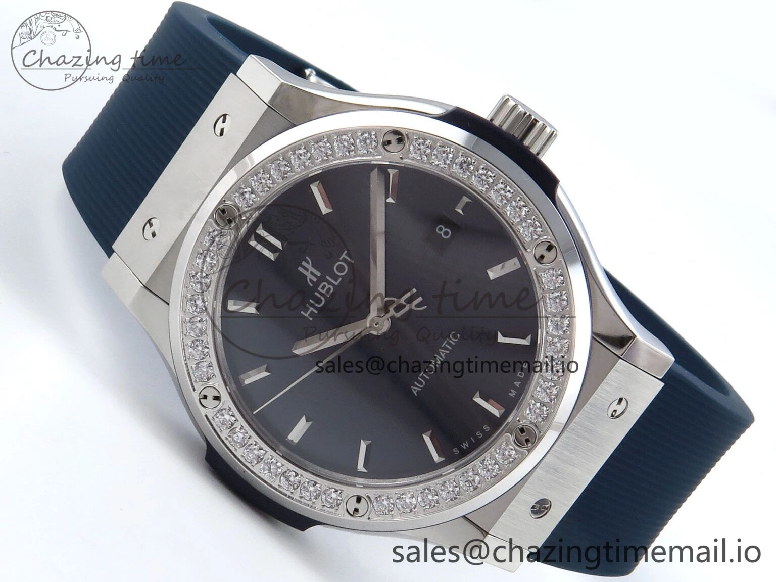 Classic Fusion Bang 42mm HBF 1:1 Best Edition Blue Dial Diamonds Bezel on Blue Rubber Strap A2892