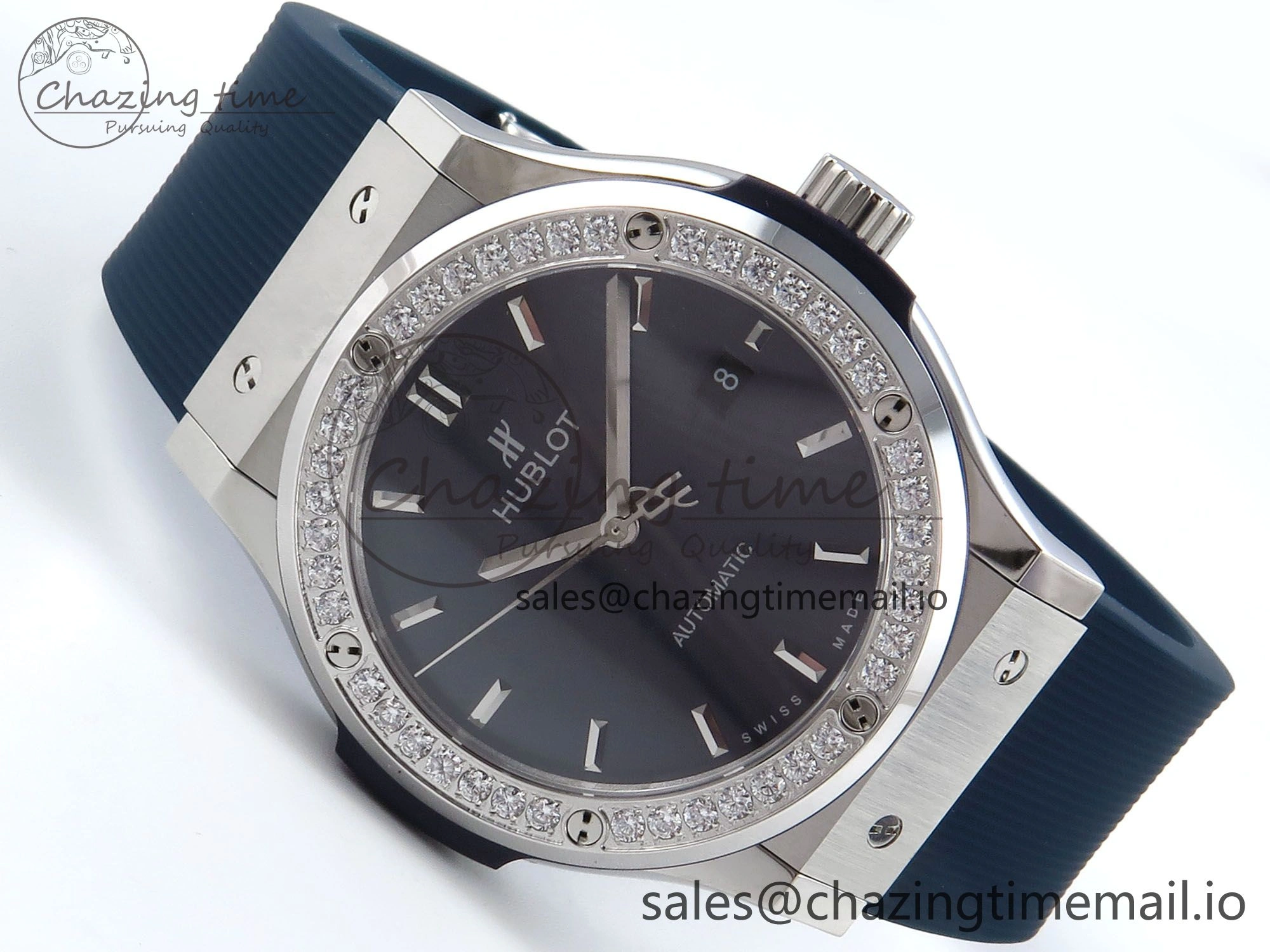 Classic Fusion Bang 42mm HBF 1:1 Best Edition Blue Dial Diamonds Bezel on Blue Rubber Strap A2892