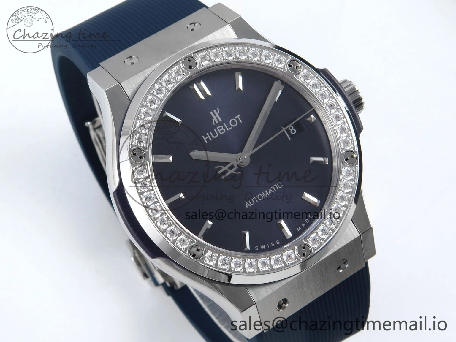 Classic Fusion Bang 42mm HBF 1:1 Best Edition Blue Dial Diamonds Bezel on Blue Rubber Strap A2892